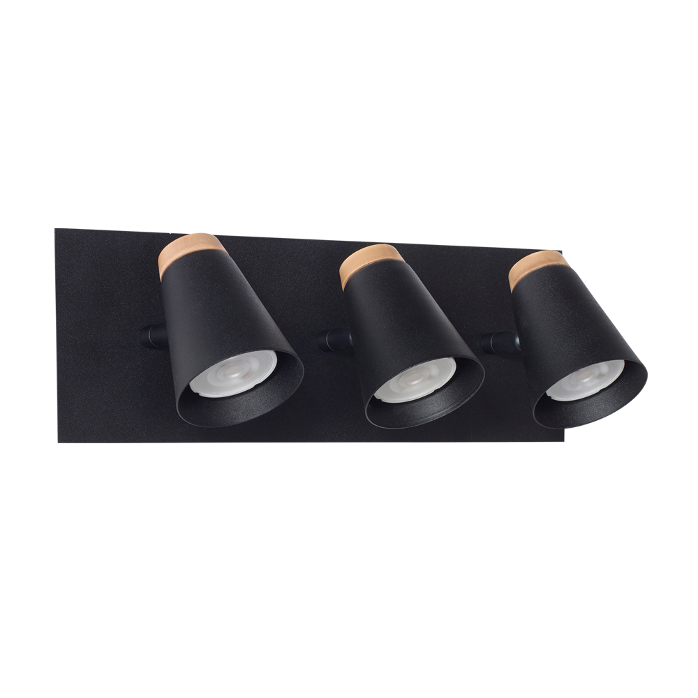 APLIQUE 3 LUCES BASE CUADRADA NEGRO C/MADERA CONICO